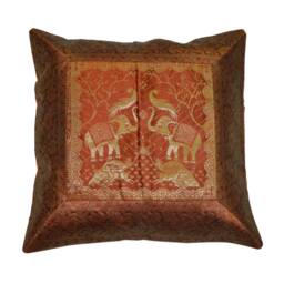 Indian Hand Embroidered Silk Banarsi Cushion Cover Ethnic Decor Pillow Case, Bohemian Sofa Toss Pillow, Traditional Elephant - thumbnail 2