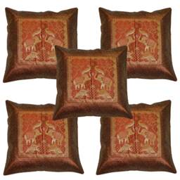Indian Hand Embroidered Silk Banarsi Cushion Cover Ethnic Decor Pillow Case, Bohemian Sofa Toss Pillow, Traditional Elephant - thumbnail 1