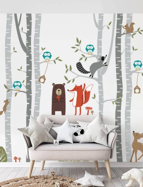 Woodland Creatures Birch Forest Wall Decal Removable Nursery Stickers For Kids Room Decoration - image 1