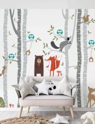 Woodland Creatures Birch Forest Wall Decal Removable Nursery Stickers For Kids Room Decoration