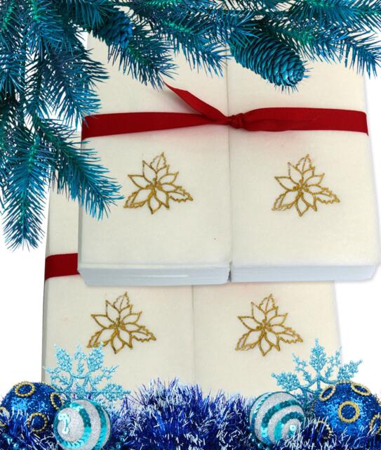 Embossed Poinsettia Linen Guest Hand Towels Holiday Christmas Decor - image 1