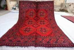 3'5x5'0 Ft Afghan Bokhara Red Rug, Turkmen Oriental Geometric Khal Mohammedi Bukhara Handmade Livingroom, D??cor Office Rug - thumbnail 1