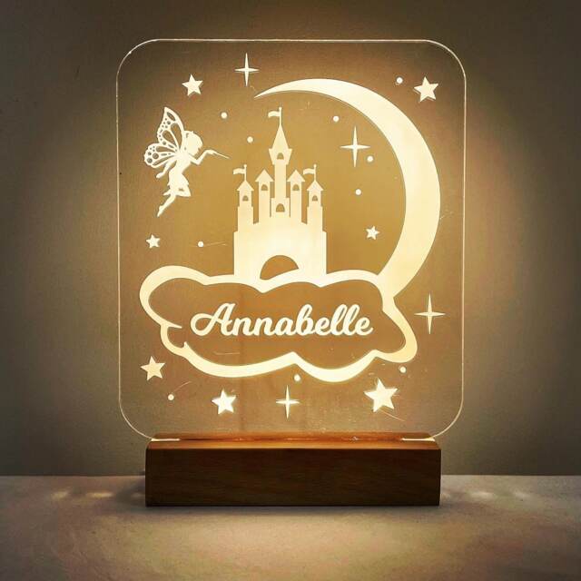 Personalised Princess Fairy Castle Led Night Light With Solid Beech Wood Base - Girl's Lamp For Bedroom, Make-Up, Dresser