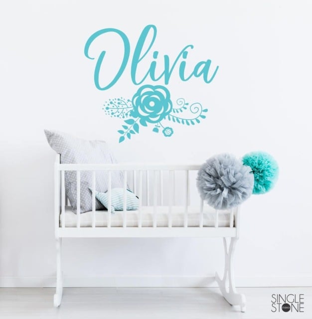 Nursery Flower Monogram With Name - Vinyl Text Wall Art Custom Home Decor - image 1