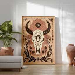 Western Cow Skull Art Print, Floral Longhorn Poster, Boho Wall Decor, Desert Rustic Cowgirl Art, Southwestern Home Print - thumbnail 3