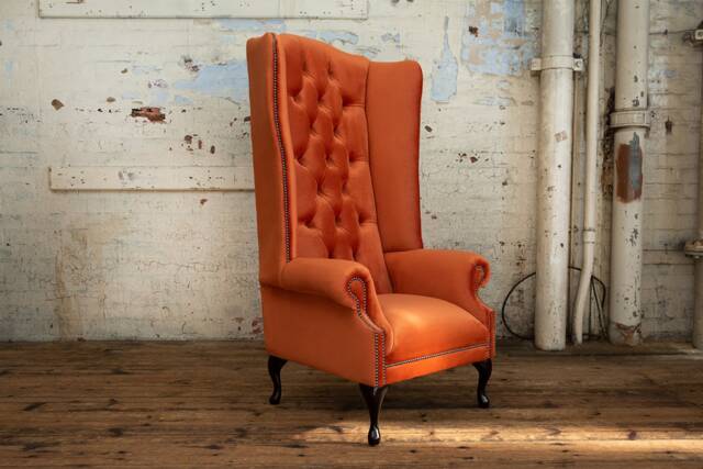 British Handmade Geneva Orange Velvet Fabric Chesterfield High Back Wing Chair - image 1