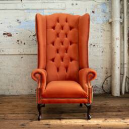 British Handmade Geneva Orange Velvet Fabric Chesterfield High Back Wing Chair - thumbnail 3