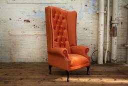 British Handmade Geneva Orange Velvet Fabric Chesterfield High Back Wing Chair - thumbnail 1
