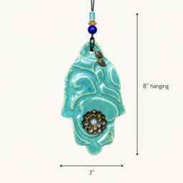 Hamsa Hand Wall Art, Ceramic Hamsa, Wall Decor Evil Eye Protection, Handcrafted Khama, Amulet Good Luck Flower & Leaves - thumbnail 3
