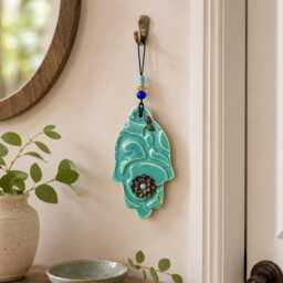 Hamsa Hand Wall Art, Ceramic Hamsa, Wall Decor Evil Eye Protection, Handcrafted Khama, Amulet Good Luck Flower & Leaves - thumbnail 4