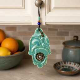 Hamsa Hand Wall Art, Ceramic Hamsa, Wall Decor Evil Eye Protection, Handcrafted Khama, Amulet Good Luck Flower & Leaves - thumbnail 1