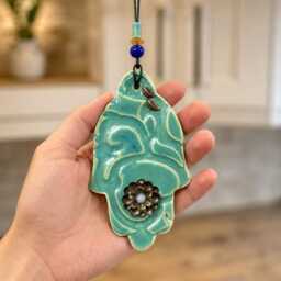 Hamsa Hand Wall Art, Ceramic Hamsa, Wall Decor Evil Eye Protection, Handcrafted Khama, Amulet Good Luck Flower & Leaves - thumbnail 2