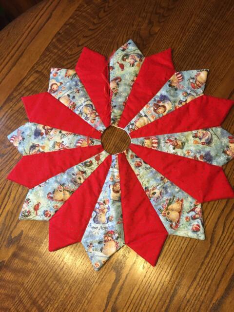 Christmas Tree Skirt, Table Top, Mini, Snowman, Small, Glittery, Hand Pieced, Quilted - image 1