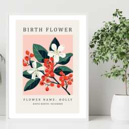 Birth Flower Print December Holly - Birthday Month Poster Botanical Wall Art Gift Idea A5 A4 A3 Framed Or Unframed - thumbnail 2