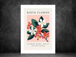 Birth Flower Print December Holly - Birthday Month Poster Botanical Wall Art Gift Idea A5 A4 A3 Framed Or Unframed - thumbnail 1