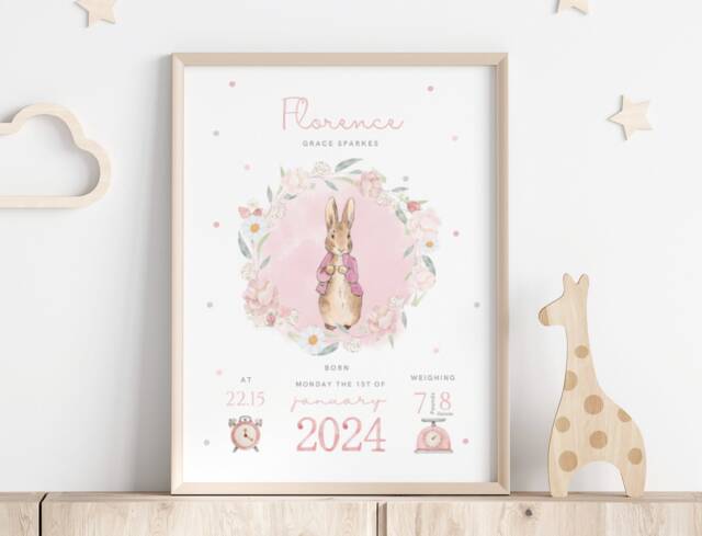 Personalised Peter Rabbit Baby Birth Details Print - New Boy Girl Gift Newborn Keepsake Pink Blue Stats Christening - image 1