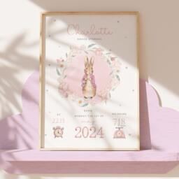 Personalised Peter Rabbit Baby Birth Details Print - New Boy Girl Gift Newborn Keepsake Pink Blue Stats Christening - thumbnail 3