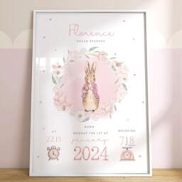 Personalised Peter Rabbit Baby Birth Details Print - New Boy Girl Gift Newborn Keepsake Pink Blue Stats Christening - thumbnail 2