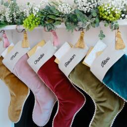 Personalised Luxury Velvet Christmas Stockings For Newlyweds - Elegant Holiday Decor With Pompoms - thumbnail 3