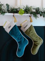 Personalised Luxury Velvet Christmas Stockings For Newlyweds - Elegant Holiday Decor With Pompoms - thumbnail 1
