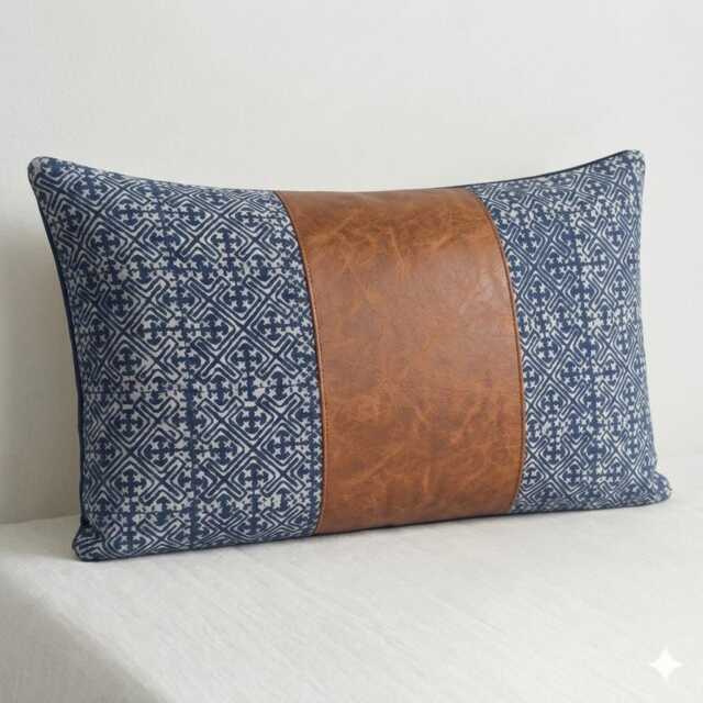 Leather Hmong Indigo Batik Pillow Cover, Light Brown Lumbar Cushion - 12x20 - image 1