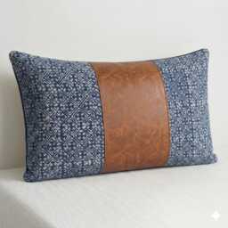 Leather Hmong Indigo Batik Pillow Cover, Light Brown Lumbar Cushion - 12x20 - thumbnail 1