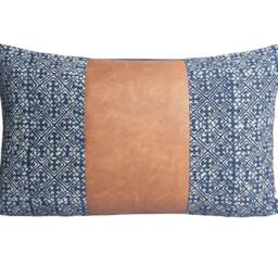 Leather Hmong Indigo Batik Pillow Cover, Light Brown Lumbar Cushion - 12x20 - thumbnail 2