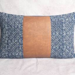 Leather Hmong Indigo Batik Pillow Cover, Light Brown Lumbar Cushion - 12x20 - thumbnail 3