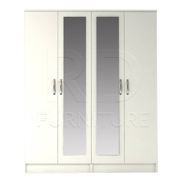 White Wardrobe, Large Wardrobe Ready Assembled Classic 4 Door Double Mirrored - image 1