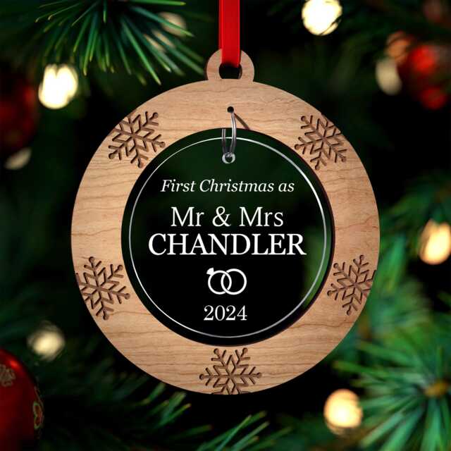 Personalised Mr & Mrs Christmas Decoration Gift - First & Ornament 1st For Husband, Wife, With Red Bag - image 1