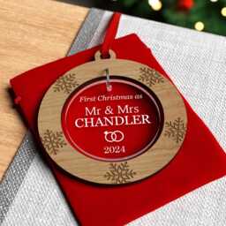 Personalised Mr & Mrs Christmas Decoration Gift - First & Ornament 1st For Husband, Wife, With Red Bag - thumbnail 3
