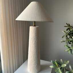 Japandi Style Ceramic Table Lamp - Large Textured Wabi Sabi Nordic Inspired & Linen Shade For Bedroom, Living Room Or Dressers - thumbnail 1