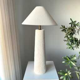 Japandi Style Ceramic Table Lamp - Large Textured Wabi Sabi Nordic Inspired & Linen Shade For Bedroom, Living Room Or Dressers - thumbnail 2