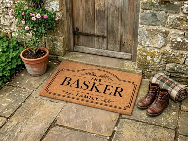 Arch Top Plaque Border Design - Custom Family Name Coir Mat - Personalised Welcome Doormat Wedding Gift - image 1