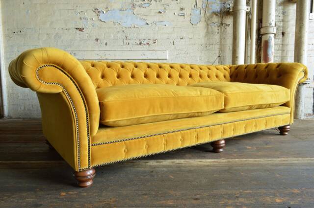 Extra Large British Handmade 4 Seater Mustard Velvet Chesterfield Sofa - Deep Seat - image 1