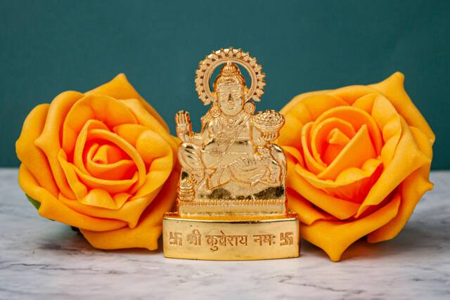 Kubera Statue Murti Car Golden Metal Small Kuvera Kuber Kuberan Sitting Idol Hindu Goddess Home Office Mandir Temple Decor Diwali Handmade - image 1