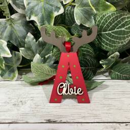 Personalised Hand-Painted Wooden Christmas Reindeer Letter Bauble Decoration/Gift Tag - thumbnail 2