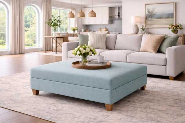 Extra Large Flat Top Footstool in 100% Duck Egg Blue Linen With Oak Legs - image 1