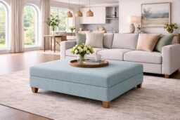 Extra Large Flat Top Footstool in 100% Duck Egg Blue Linen With Oak Legs - thumbnail 1