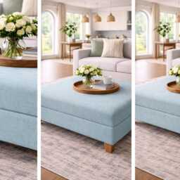 Extra Large Flat Top Footstool in 100% Duck Egg Blue Linen With Oak Legs - thumbnail 3