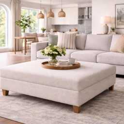 Extra Large Flat Top Footstool in 100% Duck Egg Blue Linen With Oak Legs - thumbnail 4