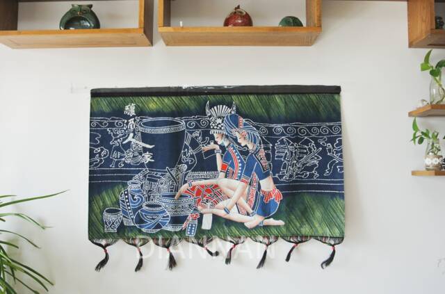 Vintage Batik Wall Hanging, Miao Child Art, Indigo Tapestry - image 1