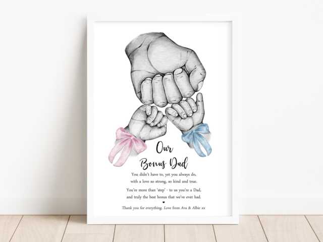 Personalised Family Step Dad's Team Print Hands Up To 4 Children Only Unframed Bonus Dad - image 1