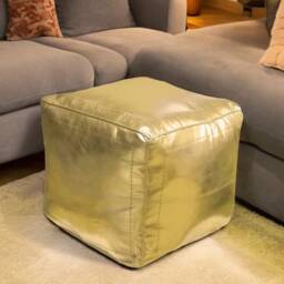 Handmade Moroccan Faux Leather Pouf Gold Square Ottoman - Unstuffed
