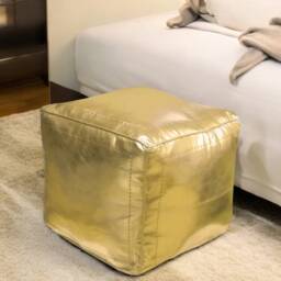 Handmade Moroccan Faux Leather Pouf Gold Square Ottoman - Unstuffed - thumbnail 4