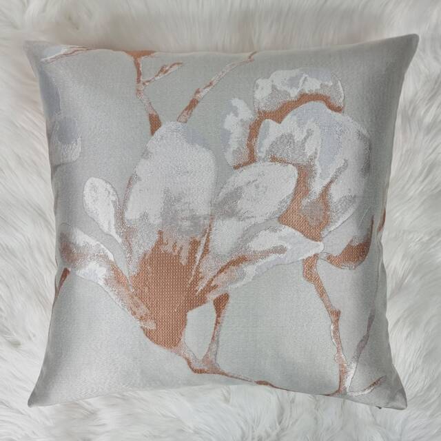 Rose Gold Floral Cushion Cover - Grey & Metallic Blush Flower Pillow Luxury Jacquard Sofa Modern Elegant Home Decor - image 1