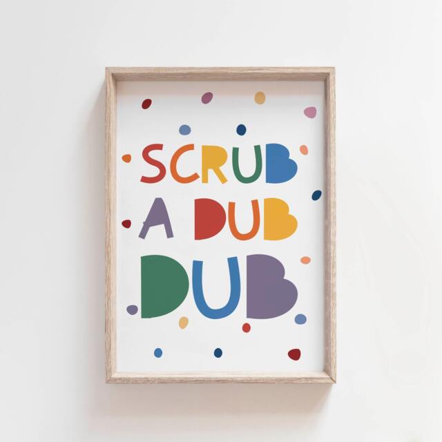 Scrub A Dub Bathroom Print, Kids Prints, Rainbow Decor, Nursery Signs, Wall Art - image 1