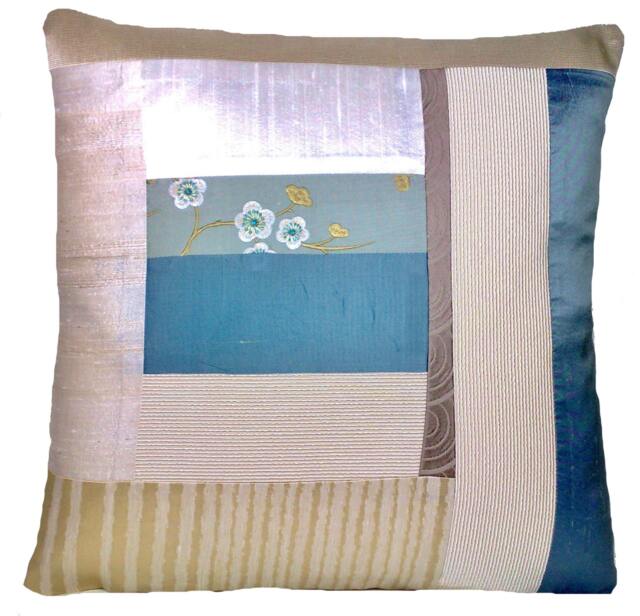 Contemporary Blue & Beige Patchwork Decorative Pillow Throw Case Modern Unique Trendy Design Cushion Cover Home Designers Fabrics