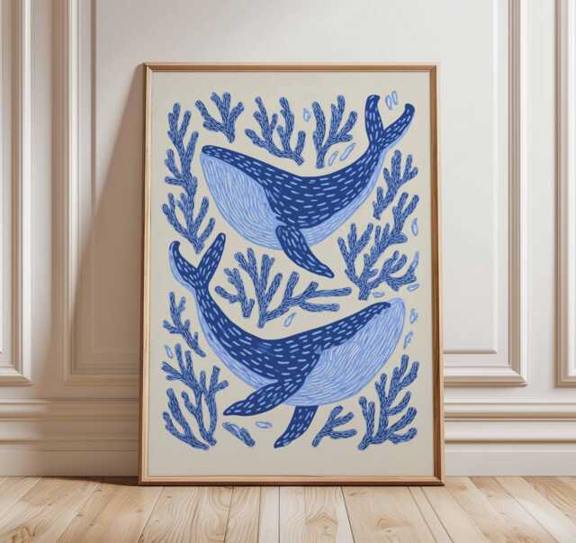 Whale Wall Art Print - Ocean Marine Life Poster Coastal Nautical Decor Blue Sea Animal Illustration For Home - image 1