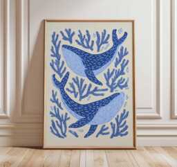 Whale Wall Art Print - Ocean Marine Life Poster Coastal Nautical Decor Blue Sea Animal Illustration For Home - thumbnail 1